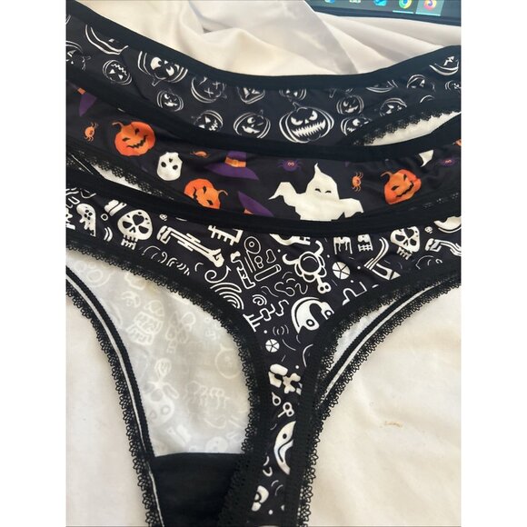 Morvia 3pk lace trim Bikini Goth Skater Emo panties M Blk & Wh Skull Ghost Which - Picture 1 of 8